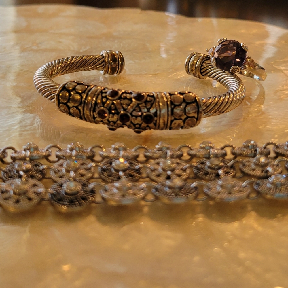 Silver toned 2 bracelets & a purple stone ring